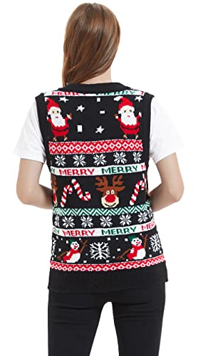 Women's Christmas Reindeer Traditional Knitted Holiday Ugly Sweater Girl Pullover Cardigan (Large, 232-Christmas-Vest-black)