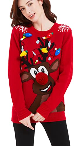 Women's Christmas Reindeer Traditional Knitted Holiday Ugly Sweater Girl Pullover Cardigan (Large, 2317-Reindeer-red)