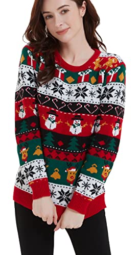 Women's Christmas Reindeer Traditional Knitted Holiday Ugly Sweater Girl Pullover Cardigan (Large, 238-Fair Isle-red)