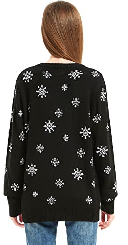 Women's Christmas Reindeer Traditional Knitted Holiday Ugly Sweater Girl Pullover Cardigan (Large, SequinSantaBlck-F11)