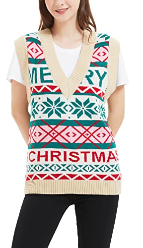 Women's Christmas Reindeer Traditional Knitted Holiday Ugly Sweater Girl Pullover Cardigan (Large, 233-Christmas-Vest-Ivory)