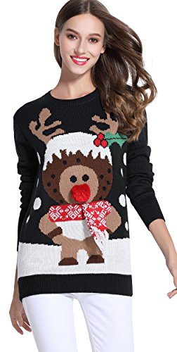 *daisysboutique* Women's Christmas Reindeer Themed Knitted Holiday Sweater Girl Pullover (Large, Dessert)