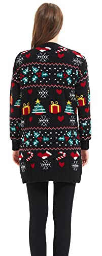 Women's Christmas Reindeer Traditional Knitted Holiday Ugly Sweater Girl Pullover Cardigan (Large, 238-Cardi-black)