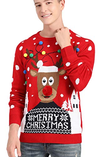 v28 Men's Christmas Reindeer Snowman Penguin Santa and Snowflake Sweater (Small, Deer-hdlite-Black)