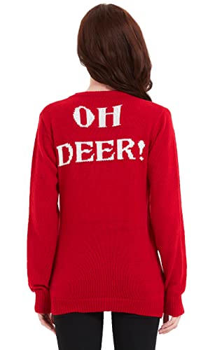 Women's Christmas Reindeer Traditional Knitted Holiday Ugly Sweater Girl Pullover Cardigan (Large, 2317-Reindeer-red)