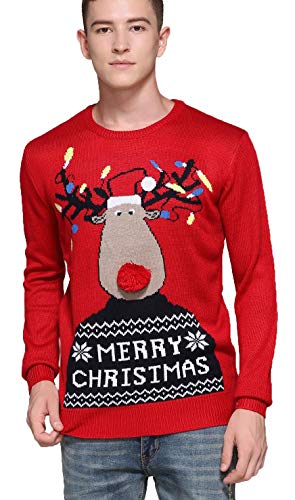 Men's Christmas Rudolph Reindeer Holiday Festive Knitted Sweater Cardigan Cute Ugly Pullover Jumper (Large, Light-up)