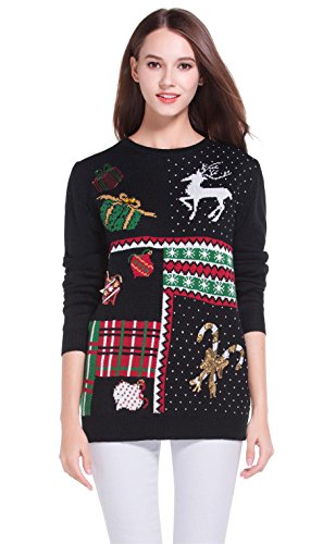 Women's Christmas Cute Reindeer Snowflakes Knitted Sweater Girl Pullover (Large, Presents)