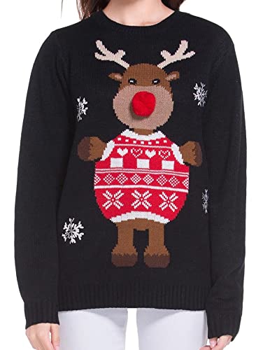 Women's Christmas Cute Reindeer Snowflakes Knitted Sweater Girl Pullover (Large, 3D Nose)