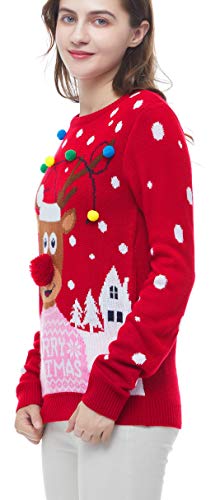 v28 Women's Patterns Reindeer Snowman Tree Snowflakes Christmas Sweater Cardigan (Large, Deer&Headlite-Pink)