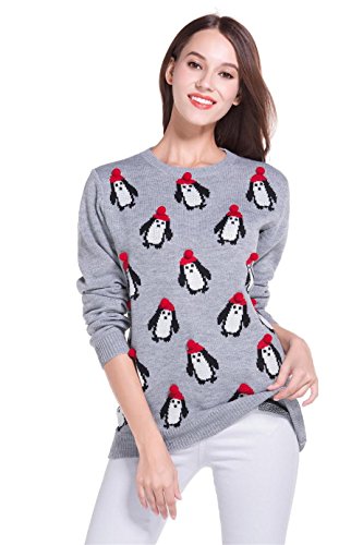 Women's Christmas Cute Reindeer Snowflakes Knitted Sweater Girl Pullover (Large, Penguin3D)