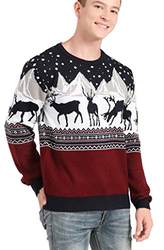 v28 Men's Christmas Reindeer Snowman Penguin Santa and Snowflake Sweater, Color Name: Deer&Mountains-red