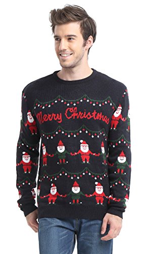 Men's Christmas Reindeer Snowman Santa Snowflakes Sweater (Large, Striped Black)