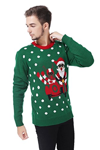 V28 Men's Christmas Reindeer Snowman Penguin Santa and Snowflake Sweater (Large, Motorcycle)