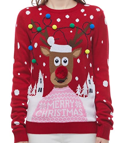 v28 Women's Patterns Reindeer Snowman Tree Snowflakes Christmas Sweater Cardigan (Large, Deer&Headlite-Pink)