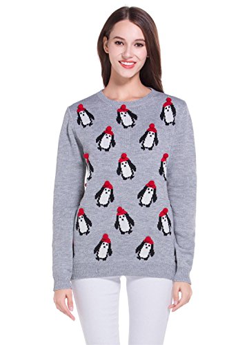 Women's Christmas Cute Reindeer Snowflakes Knitted Sweater Girl Pullover (Large, Penguin3D)