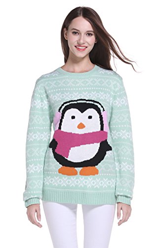 Women's Christmas Cute Reindeer Snowflakes Knitted Sweater Girl Pullover (Large, PenguinKeepWarm)