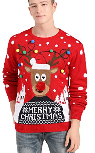 v28 Men's Christmas Reindeer Snowman Penguin Santa and Snowflake Sweater (Small, Deer-hdlite-Black)