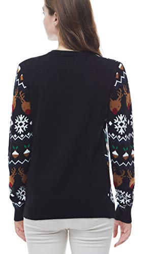 v28 Women's Patterns Reindeer Snowman Tree Snowflakes Christmas Sweater Cardigan, Long Sleeve (Large, Deer&FlakesDessert-Black)