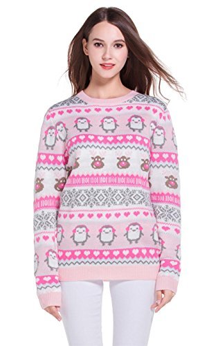 Women's Christmas Cute Reindeer Snowflakes Knitted Sweater Girl Pullover (Large, CutePink)