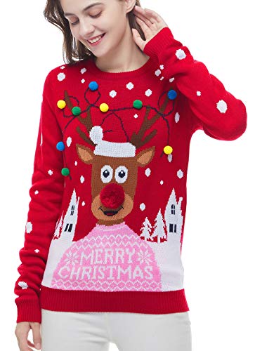 v28 Women's Patterns Reindeer Snowman Tree Snowflakes Christmas Sweater Cardigan (Large, Deer&Headlite-Pink)