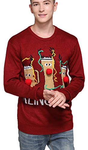 Men's Christmas Rudolph Reindeer Holiday Festive Knitted Sweater Cardigan Cute Ugly Pullover Jumper (Large, Reinbeers)