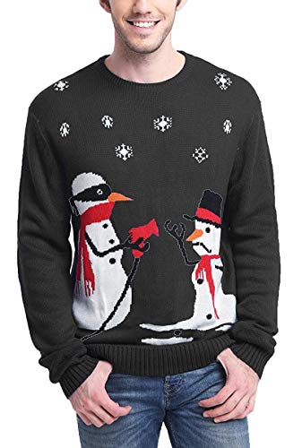 Men's Christmas Festive Cardigan Reindeer Snowman Santa Snowflakes Knitted Ugly Sweater (Large, Melt-u - Black)