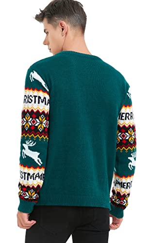 Men's Christmas Holiday Reindeer Snowman Santa Snowflakes Traditional Knitted Ugly Sweater, Color Name: RndFrIsle-Green-M20