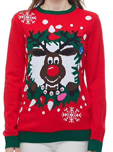 v28 Women's Patterns Reindeer Snowman Tree Snowflakes Christmas Sweater Cardigan (Large, Deer&Window)