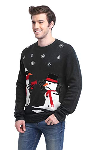 Men's Christmas Festive Cardigan Reindeer Snowman Santa Snowflakes Knitted Ugly Sweater (Large, Melt-u - Black)