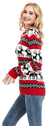 Women's Christmas Reindeer Traditional Knitted Holiday Ugly Sweater Girl Pullover Cardigan (Large, RndrPullover-F2)