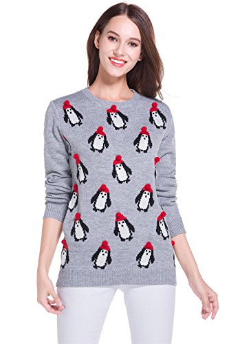 Women's Christmas Cute Reindeer Snowflakes Knitted Sweater Girl Pullover (Large, Penguin3D)