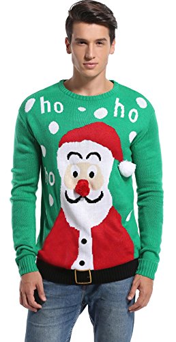 Men's Christmas Festive Cardigan Reindeer Snowman Santa Snowflakes Knitted Ugly Sweater, Color Name: Santa-HoHoHo-Green