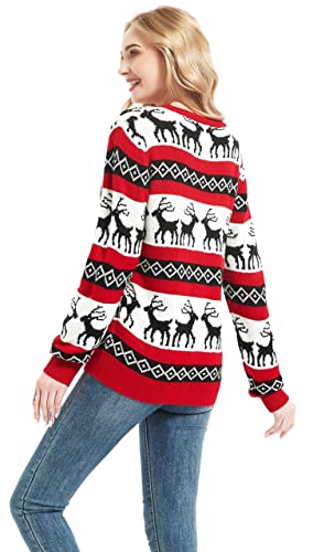 Women's Christmas Reindeer Traditional Knitted Holiday Ugly Sweater Girl Pullover Cardigan (Large, RndrPullover-F2)