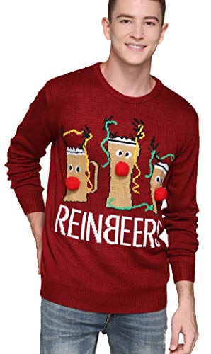 Men's Christmas Rudolph Reindeer Holiday Festive Knitted Sweater Cardigan Cute Ugly Pullover Jumper (Large, Reinbeers)