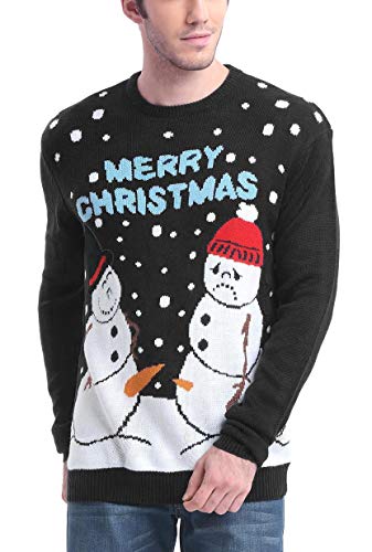 Men's Christmas Festive Cardigan Reindeer Snowman Santa Snowflakes Knitted Ugly Sweater (Large, Happy and Sad - Black)