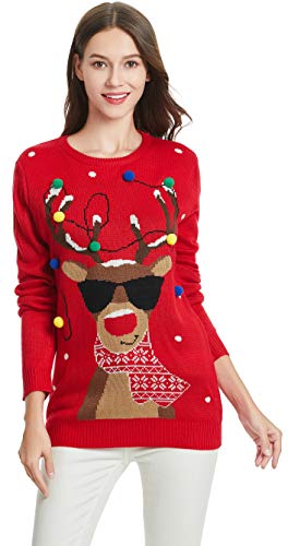 daisysboutique Women's Christmas Reindeer Themed Knitted Holiday Sweater Girl Pullover Ugly Xmas Round Neck Sweaters (Large, Lighting-smartdeer)