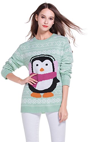 Women's Christmas Cute Reindeer Snowflakes Knitted Sweater Girl Pullover (Large, PenguinKeepWarm)