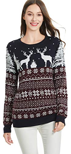 *daisysboutique* Women's Christmas Reindeer Themed Knitted Holiday Sweater Girl Pullover (Large, 2reindeerfs)