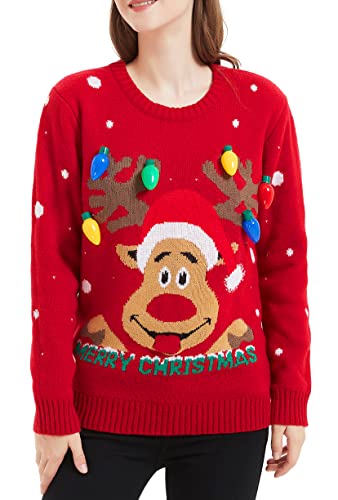 V28 Women's Christmas Reindeer Snowflakes Sweater Pullover (Tag L (US size 10), Red-ReerFace)