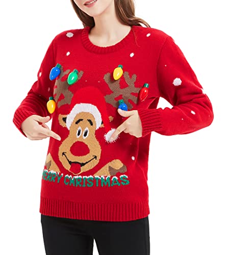 V28 Women's Christmas Reindeer Snowflakes Sweater Pullover (Tag L (US size 10), Red-ReerFace)