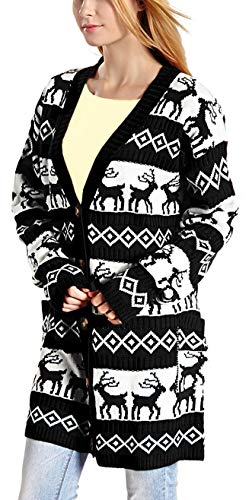 v28 Womens Oversized Christmas Reindeer Cardigan (Large, Black2ReindeerCardigan)