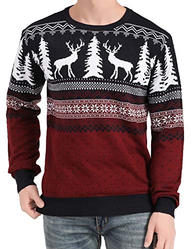 Men's Christmas Reindeer Snowman Penguin Santa and Snowflake Sweater, Color Name: Deer&Tree-View-red