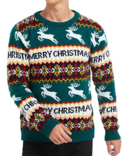 Men's Christmas Holiday Reindeer Snowman Santa Snowflakes Traditional Knitted Ugly Sweater, Color Name: RndFrIsle-Green-M20