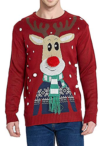 Daisyboutique Men's Christmas Rudolph Reindeer Holiday Sweater Cardigan Cute Ugly Pullover, Color Name: Rudolph-with-Scarf