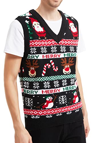 Men's Christmas Holiday Reindeer Snowman Santa Snowflakes Traditional Knitted Ugly Sweater (Large, Vest-Blck-M22)