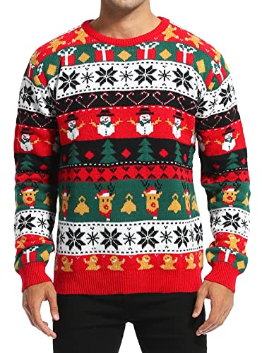 Men's Christmas Holiday Reindeer Snowman Santa Snowflakes Traditional Knitted Ugly Sweater (Large, FairIsle-red-M19)