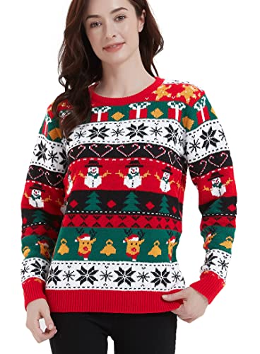 Women's Christmas Reindeer Traditional Knitted Holiday Ugly Sweater Girl Pullover Cardigan (Large, 238-Fair Isle-red)