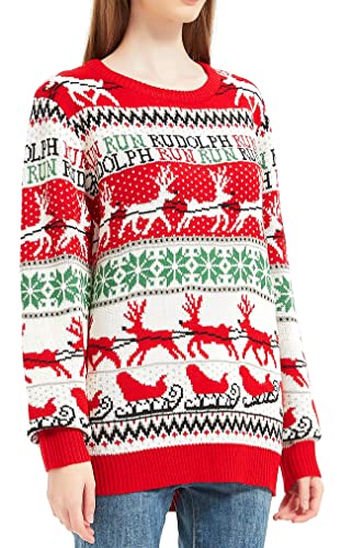 Women's Christmas Reindeer Traditional Knitted Holiday Ugly Sweater Girl Pullover Cardigan (Large, RndrSlgh-F3)