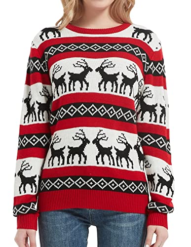 Women's Christmas Reindeer Traditional Knitted Holiday Ugly Sweater Girl Pullover Cardigan (Large, RndrPullover-F2)