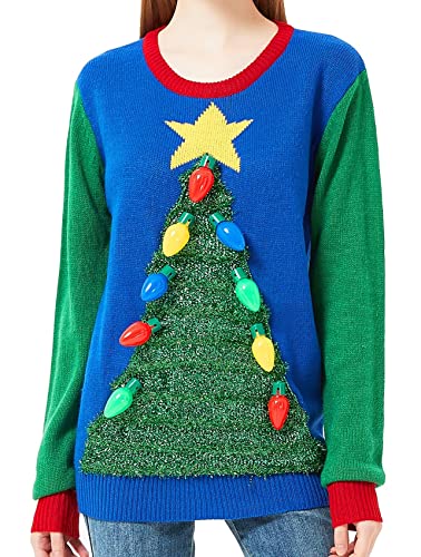 Women's Christmas Reindeer Traditional Knitted Holiday Ugly Sweater Girl Pullover Cardigan (Large, TinselTreLED-F6)